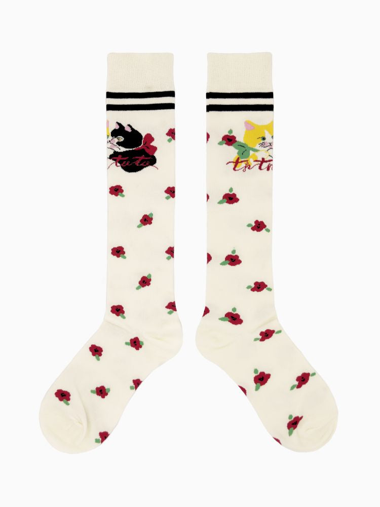 White kitten floral calf socks【s0000013343】