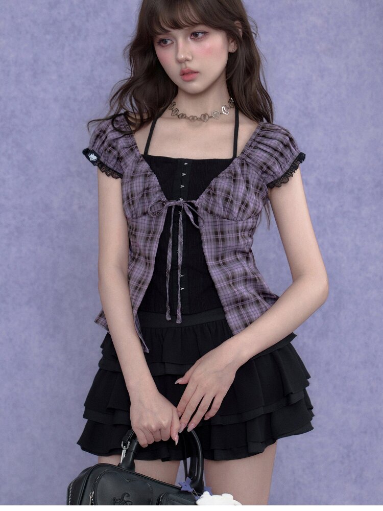 Plaid Waist Halter Two Piece Top【s0000017280】