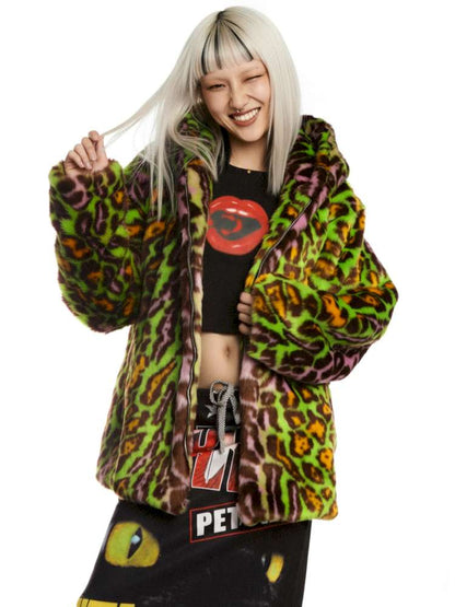 Y2K Leopard Print Cool Fur Hooded Jacket【s0000014911】