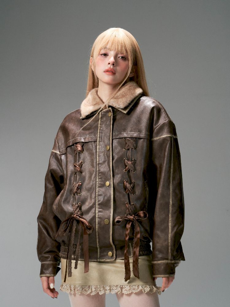 Lace Tie Brown Washed Scrub Color Fur Coat【s0000005321】