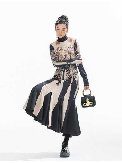 Printed Long Big Hem Dress【s0000011314】