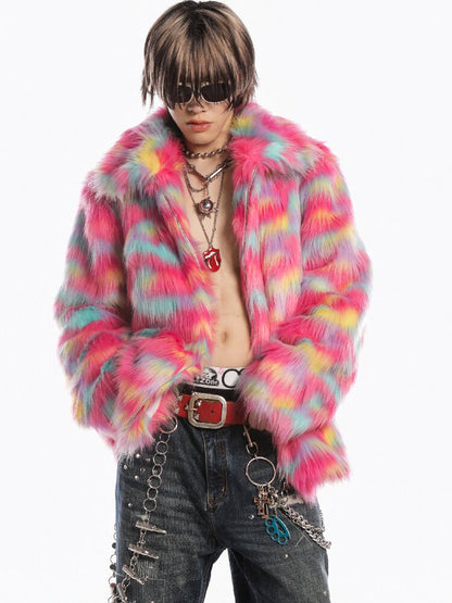 Rainbow Colorful Faux Fur Coat【s0000019281】