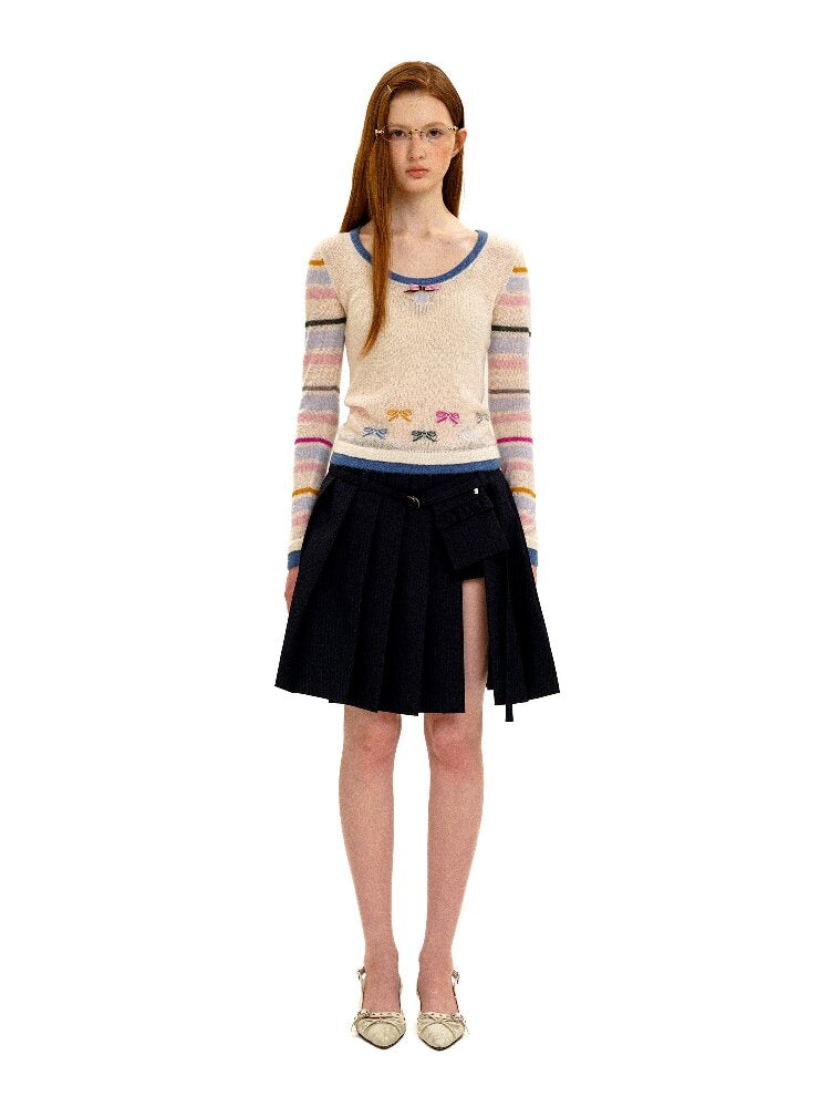 Contrast Striped Bow Knit Sweater【s0000016109】