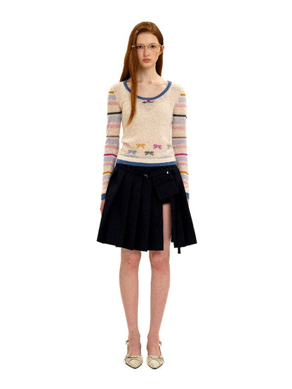 Contrast Striped Bow Knit Sweater【s0000016109】