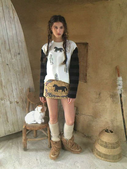 Striped Patchwork Pony Print T-Shirt【s0000014899】