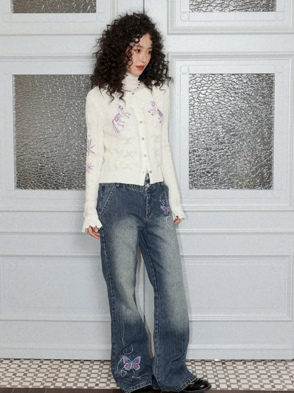 Butterfly Embroidered Slightly Flared Jeans【s0000013987】