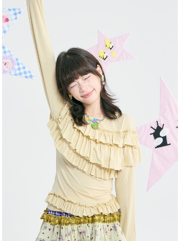Yellow Pleated Off Shoulder Base T-Shirt【s0000018371】