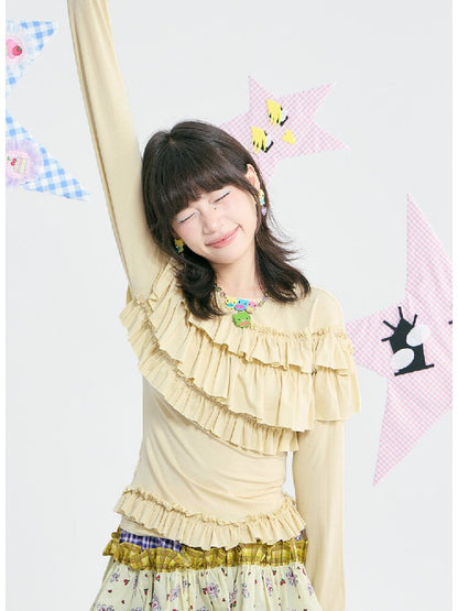 Yellow Pleated Off Shoulder Base T-Shirt【s0000018371】