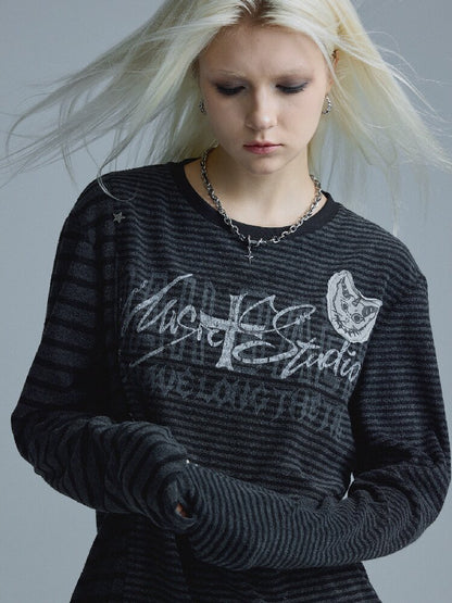 Black-Gray Striped Rivet Top【s0000018549】