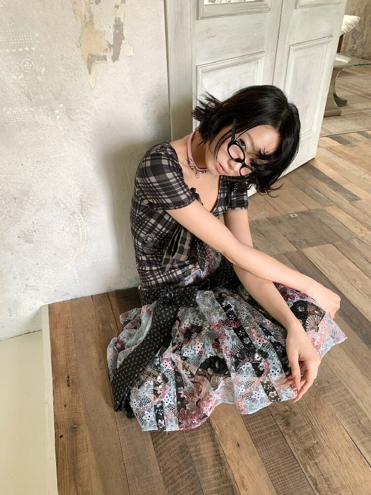 Patchwork Bow Cartoon Check T-Shirt【s0000018082】