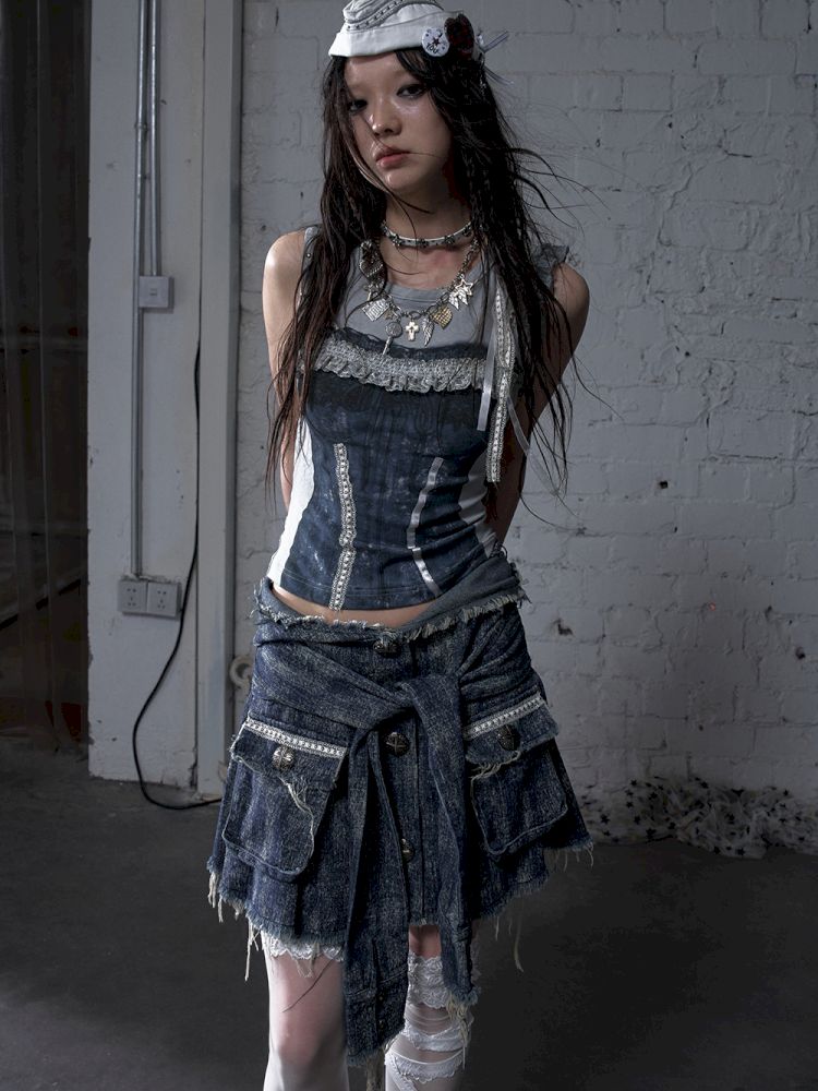 Hooded washed denim shirt dress skirt【s0000012784】