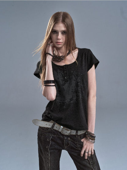 Snow Dot Gray Tencel Cotton T-shirt【s0000016636】