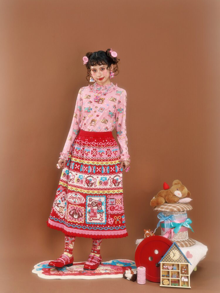 Red Jacquard Vintage Lace Skirt【s0000015590】