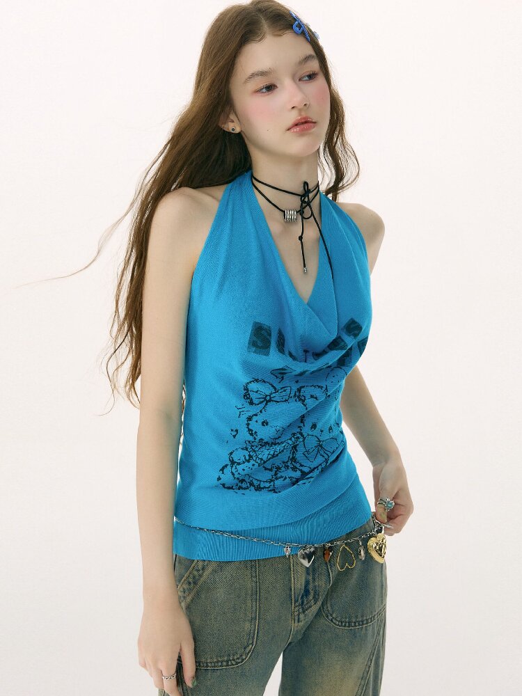 Swing Collar Rabbit Print Halterneck Vest【s0000016847】