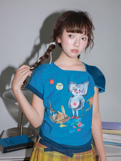 Blue Mouse Knot Design T-Shirt【s0000013923】
