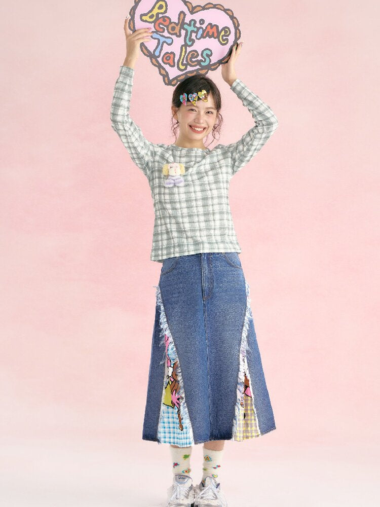 Plaid Crew Neck Waffle Print Top【s0000019249】