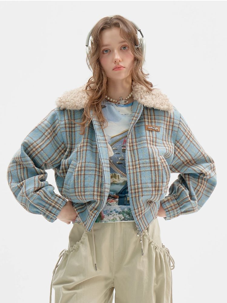 모피 칼라 슬림 블루 격자 무늬 짧은 코트 [S0000011507]