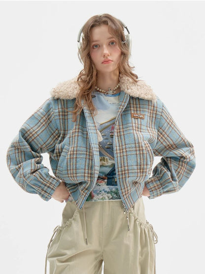 모피 칼라 슬림 블루 격자 무늬 짧은 코트 [S0000011507]