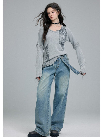 Washed Scratch Wide-Leg Jeans【s0000016255】