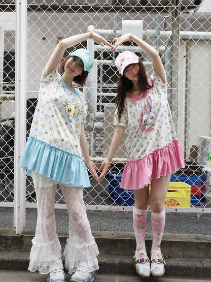 Printed Bear Bunny Fake Two Piece Dress【s0000017764】