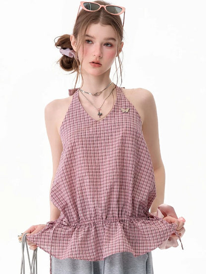 American Vintage Plaid Halter Top【s0000017749】