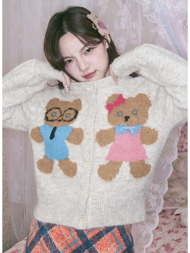 Teddy Bear Knit Crew Neck Cardigan【s0000014494】