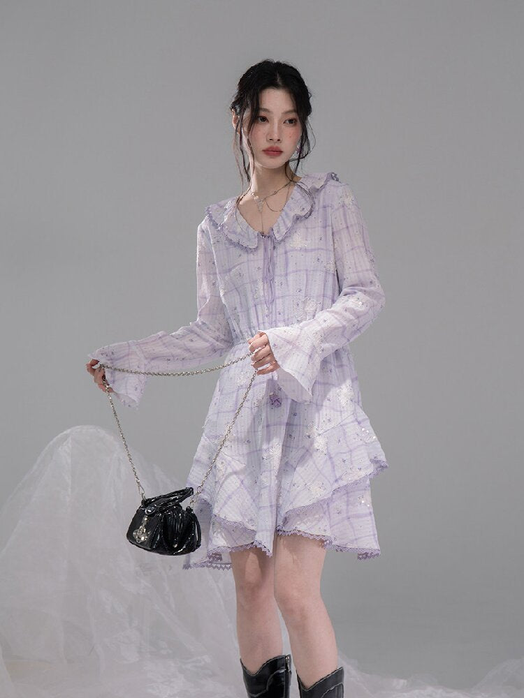 Purple Butterfly Print Ruffled Dress【s0000015739】