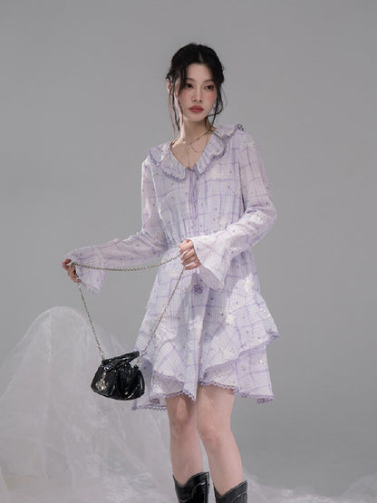 Purple Butterfly Print Ruffled Dress【s0000015739】