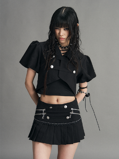 Dark Puff Sleeve Short Suit Top【s0000017524】