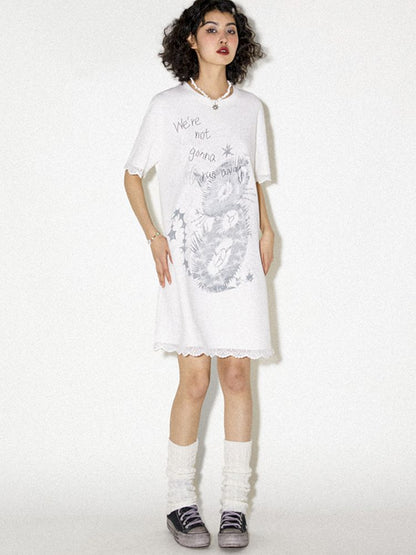 Lace Splicing Printed T-Shirt Dress [S0000008821]