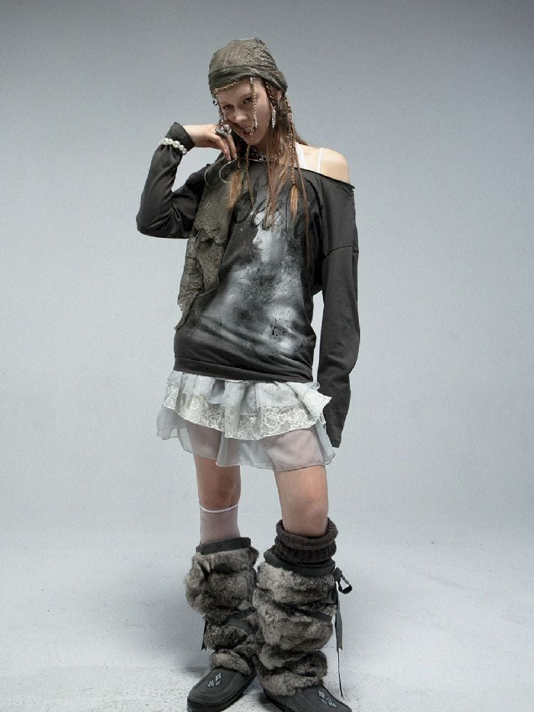 Slant Shoulder Round Neck Printed T-Shirt【s0000011842】