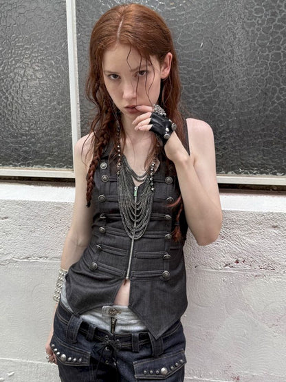 Slim-fit Waist-cinching Zipper Lapel Vest【s0000012707】