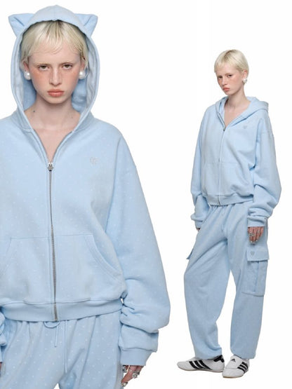 Cat's Paw Long Short Polka Dot Hooded Cardigan Sweatshirt Sweatpants Set【s0000011566】