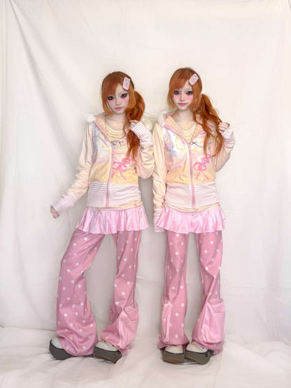 Pink Polka Dot Flared Sweatpants【s0000015401】