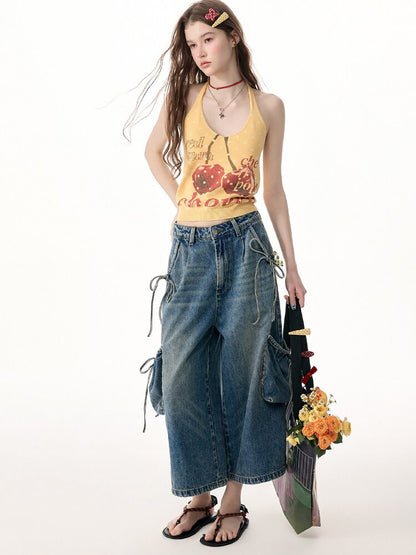Wave Cherry Print Cropped Top Tank【s0000017304】