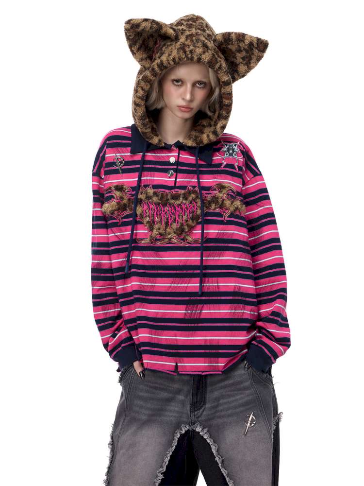 Pink Striped Leopard Cat Ear Hood【s0000015115】