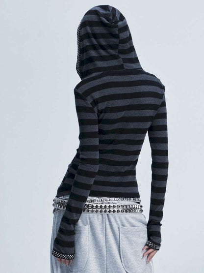 Black Gray Striped Stud Top Set【s0000014667】