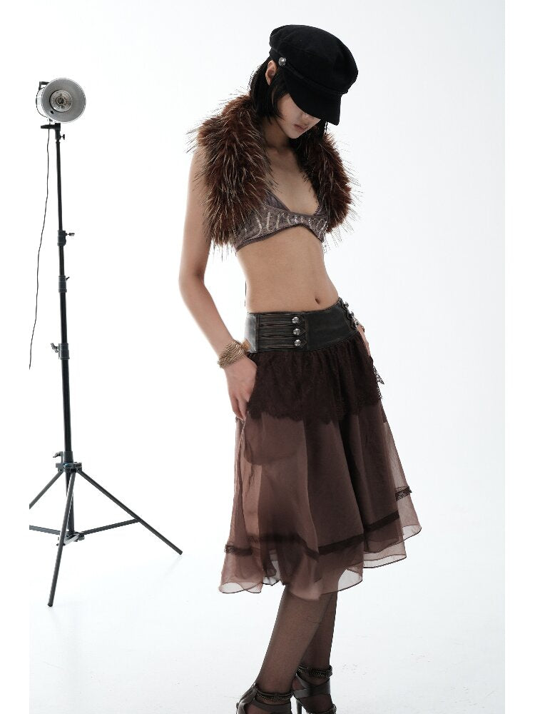 Vintage PU Leather Mesh Umbrella Skirt【s0000018474】