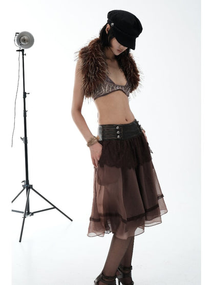 Vintage PU Leather Mesh Umbrella Skirt【s0000018474】