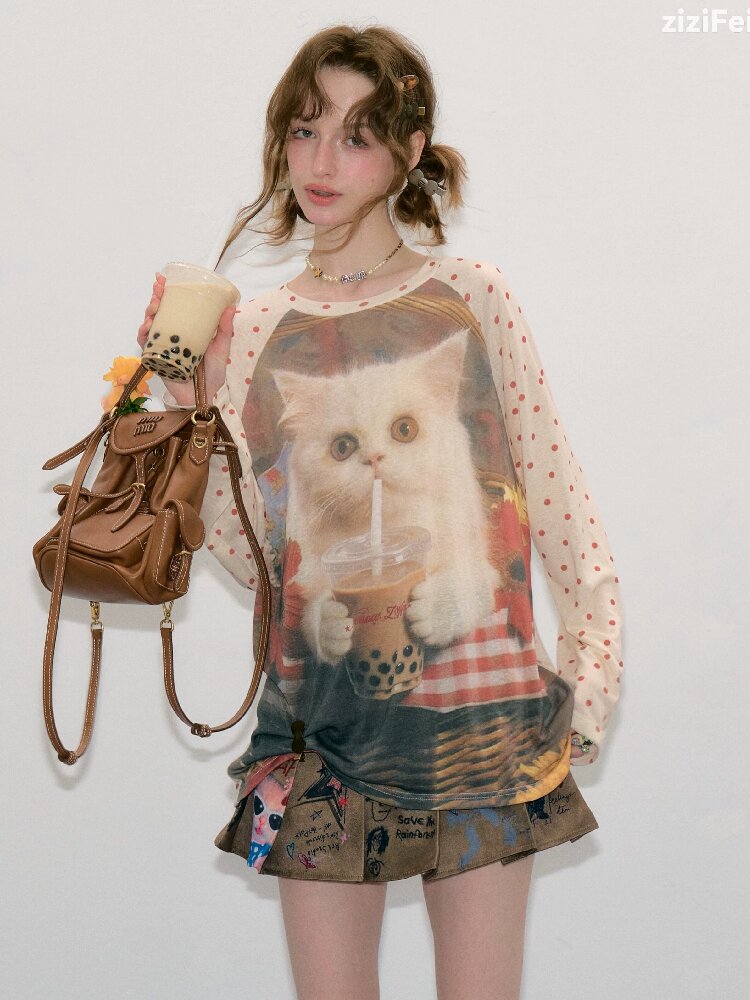 Raglan Cat Print Long Sleeve Top【s0000017886】