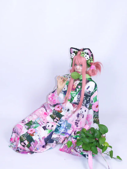 Panda Collage Print Stand Collar Long-Sleeve Top【s0000013981】