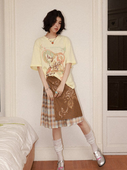 Plaid Flower Pleated Spliced Skirt【s0000015465】