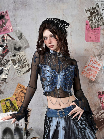 Butterfly Breast Plunge Mesh Bottom Shirt【s0000013506】