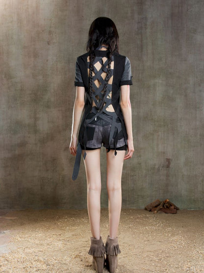 Lapel Short Sleeve Backless t-shirt【s0000012646】