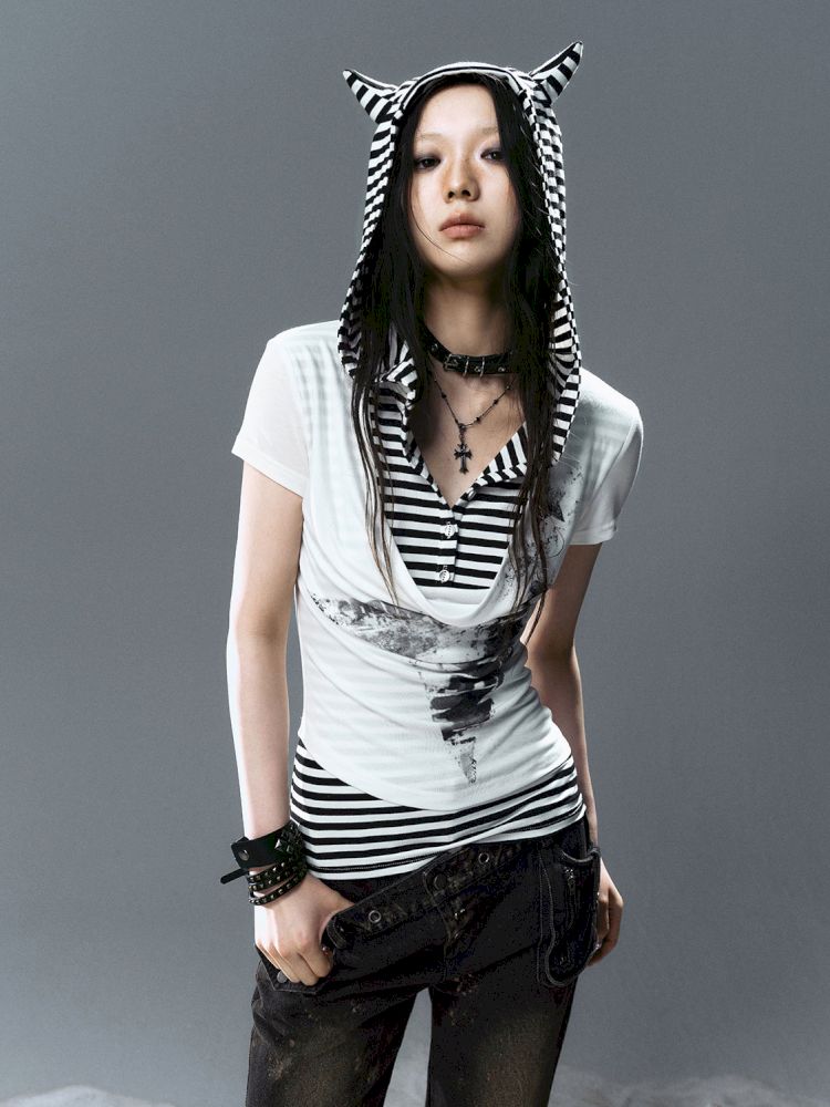 Swing Neck Striped Short Sleeve T-Shirt【s0000012807】