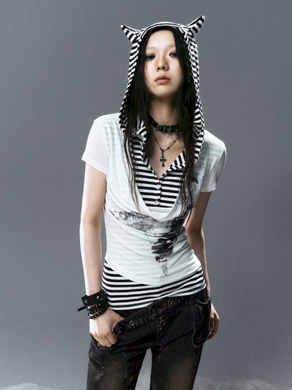 Swing Neck Striped Short Sleeve T-Shirt【s0000012807】