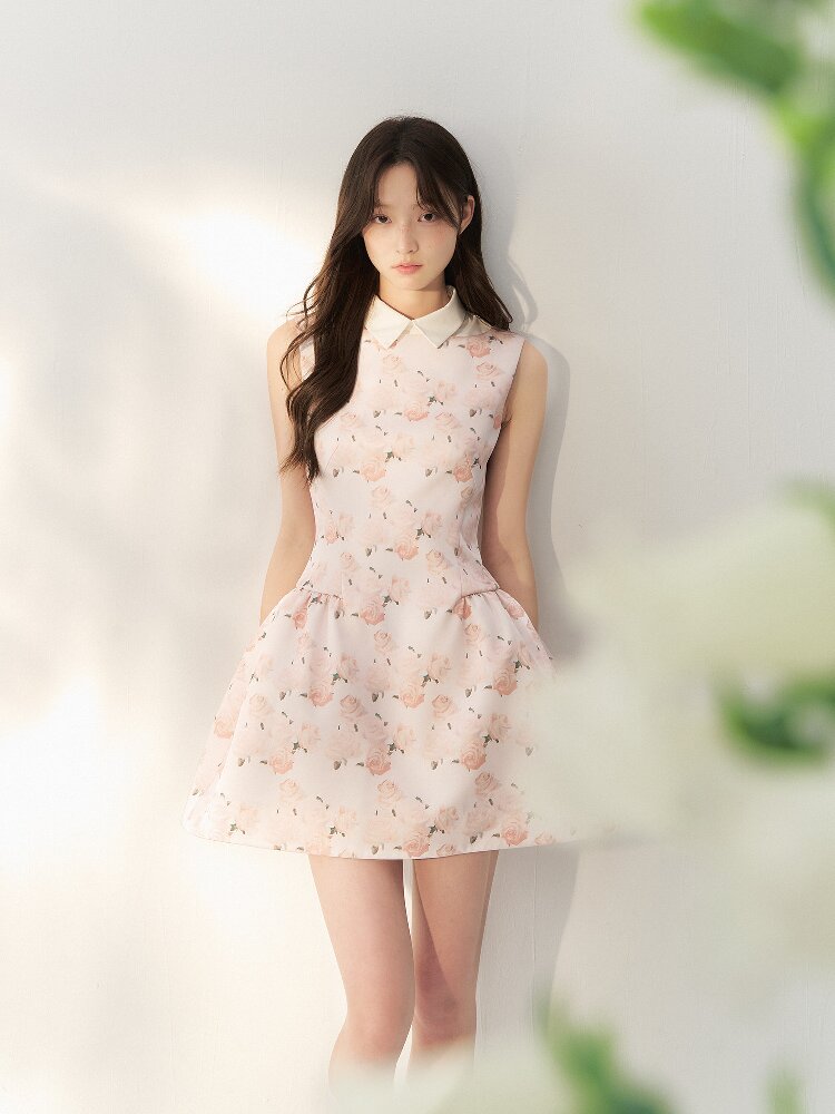 Satin Rose Print Puff Sundress【s0000016877】