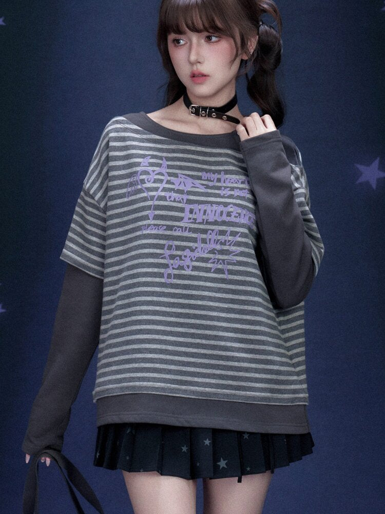 Stripe Graffiti Fake Two T-Shirt【s0000015467】