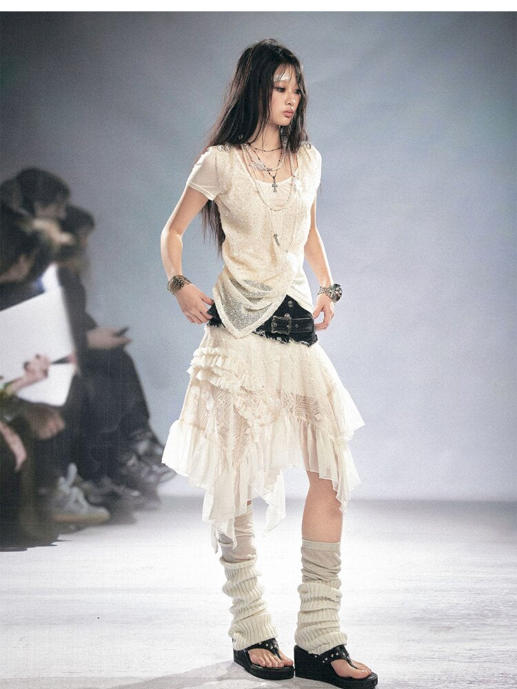 Lace Patchwork Irregular Mesh Skirt【s0000015449】