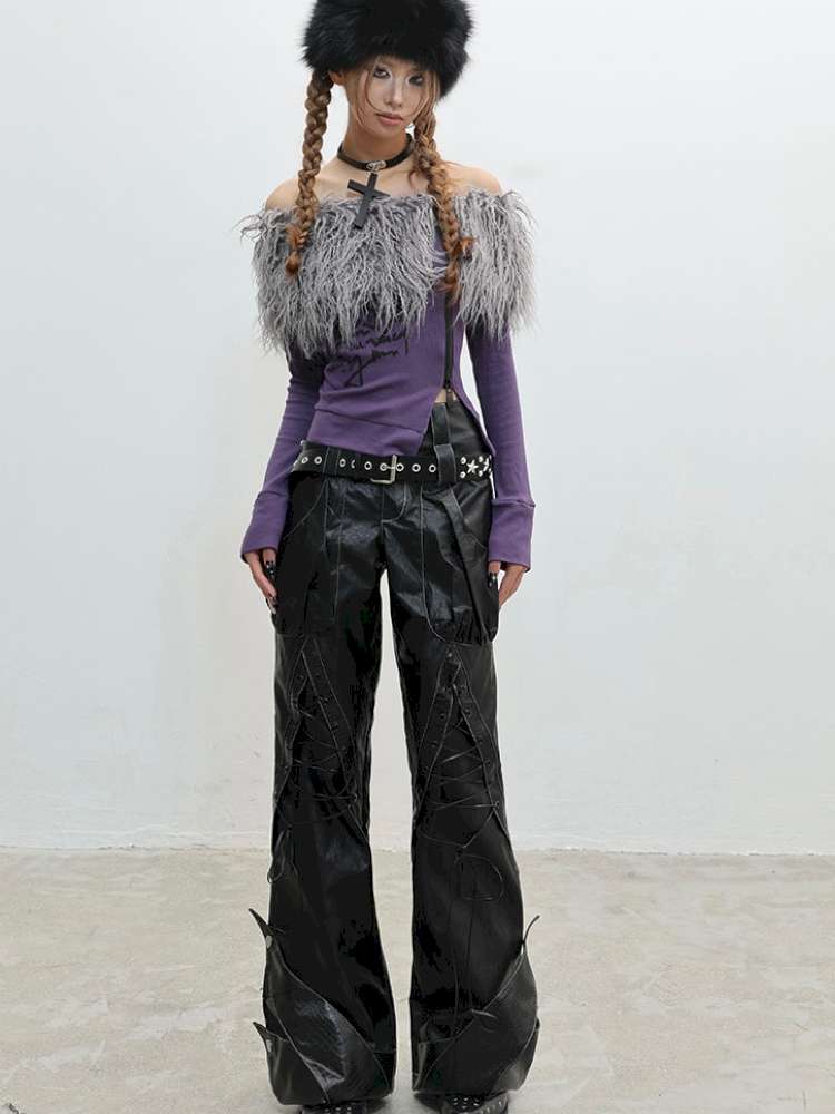 Hairy One-Shoulder Slim Print Knit T-Shirt【s0000014828】